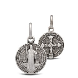 Święty Benedykt.  Srebrny medalik dwustronny oksydowany.  Medalik św Benedykta. 1.5g 12mm  Gold Urbanowicz