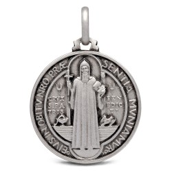 Święty Benedykt.  Srebrny medalik oksydowany.  Medalik św Benedykta. 8,6 g  25 mm