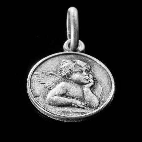 Piękny Srebrny medalik z Aniołkiem z obrazu Madonny Sykstyńskiej. Gold Urbanowicz 14mm,