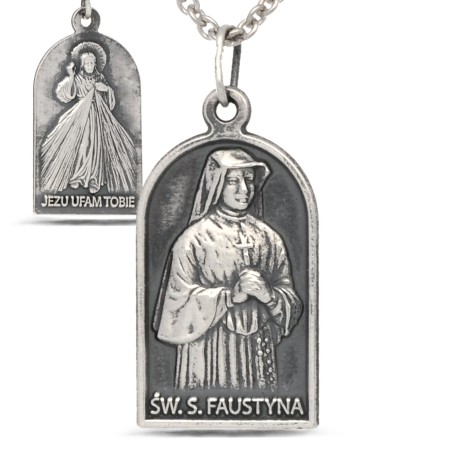 Medalik dwustronny św Faustyny Kowalskiej i Jezusa Miłosiernego z łańcuszkiem rodowanym 50 cm. 