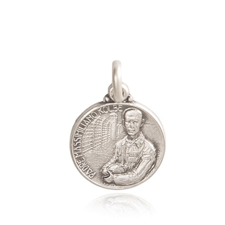 Święty Maksymilian Kolbe. 21mm,   Medalik ze srebra oksydowanego. Gold Urbanowicz sklep jubilerski Sopot