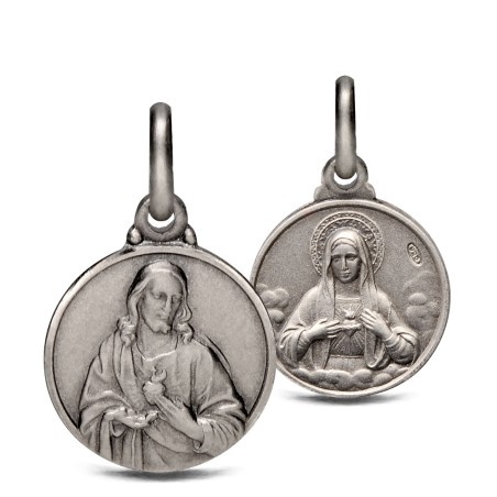 Serce Jezusa i Serce Maryi. Dwustronny Medalik srebrny, 14mm, 2,1