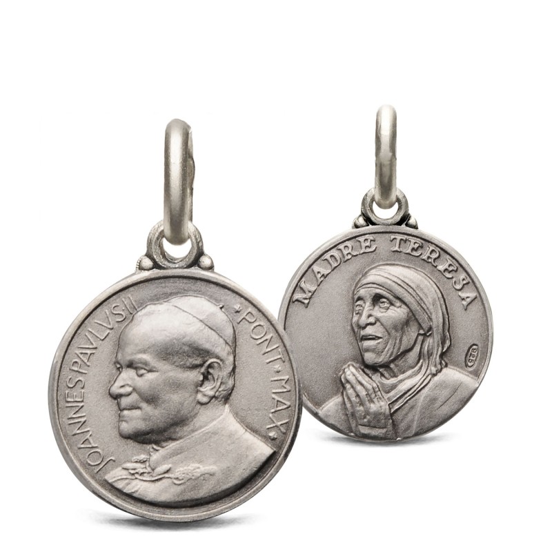 Święty Jan Paweł II i Matka Teresa z Kalkuty. Dwustronny Medalik Srebrny, 14mm, 2,2g Święty Jan Paweł II i Matka Teresa z Kalkuty. Dwustronny Medalik Srebrny, 14mm, 2,2g