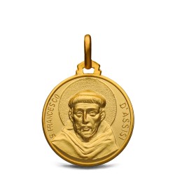 Złoty medalik ze świętym Franciszkiem z Asyżu, z rzeźbionym wizerunkiem zakonnika i napisem S. Francesco d’Assisi