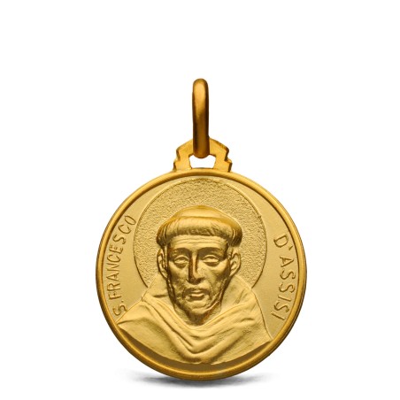 Złoty medalik ze świętym Franciszkiem z Asyżu, z rzeźbionym wizerunkiem zakonnika i napisem S. Francesco d’Assisi