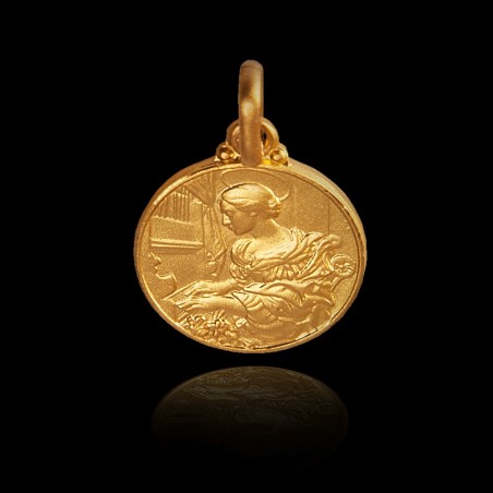 Święta Cecylia. Patronka muzyki. Złoty medalik. średnica 14 mm.  2,4 g   Gold Urbanowicz